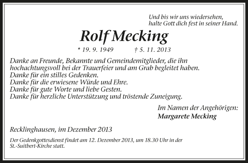  Traueranzeige für Rolf Mecking vom 11.12.2013 aus Medienhaus Bauer